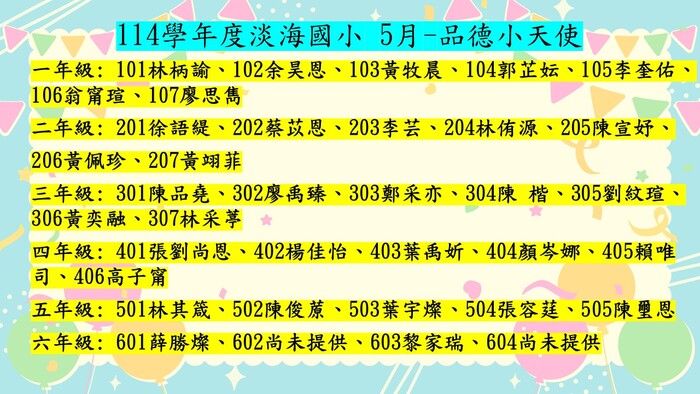 淡海國小114學年度5月份品德小天使